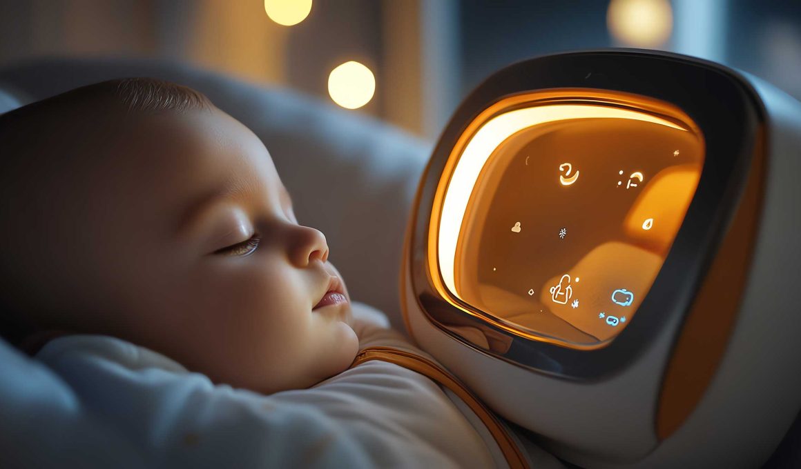 Hightech baby monitor with integrated surveillance, showing a glowing display of a sleeping infant