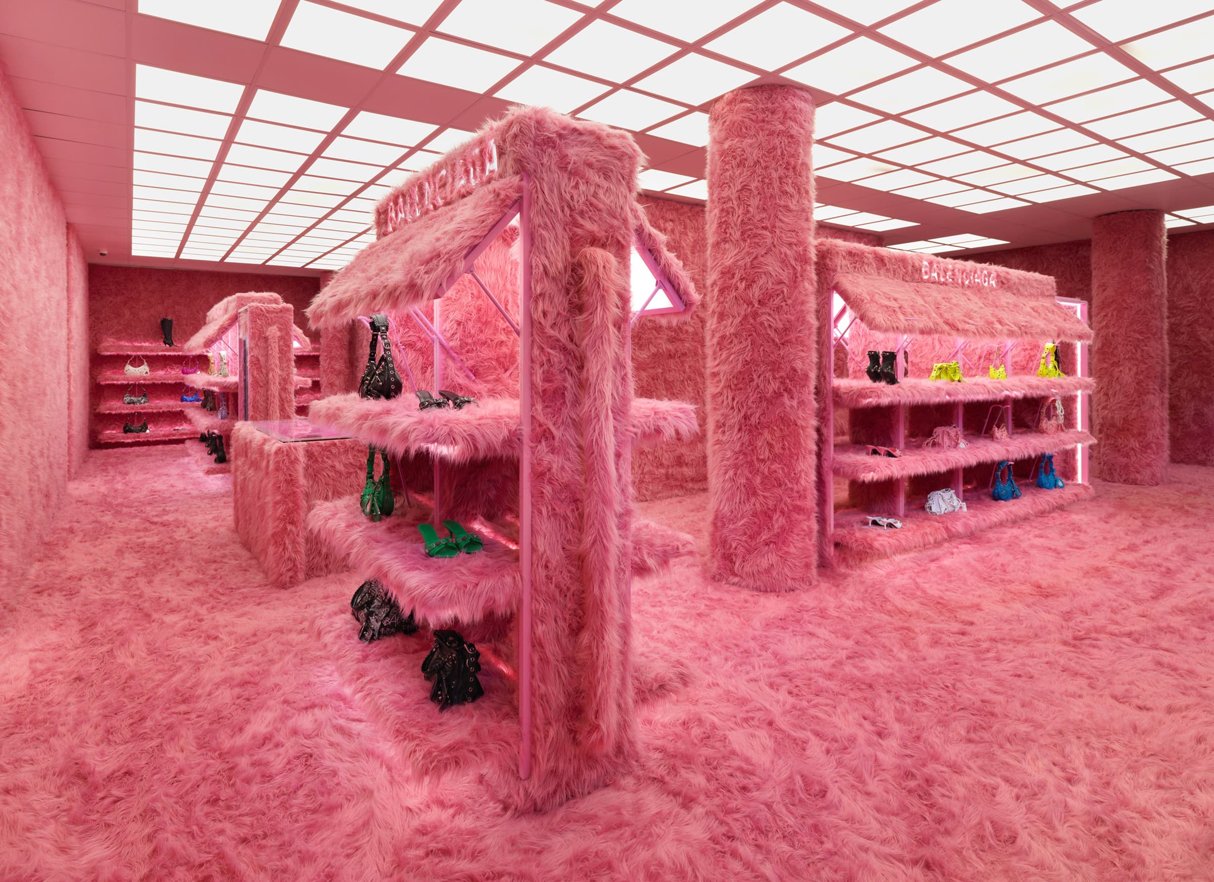 Pink fur interior of a Balengiaca store